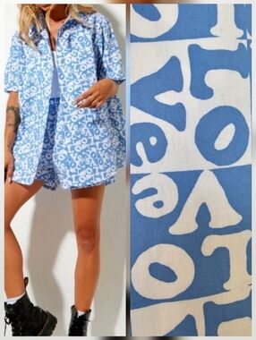 MOTEL Smith Short Sleeve Shirt in LOVE Checker Blue, Size Small, NWOT